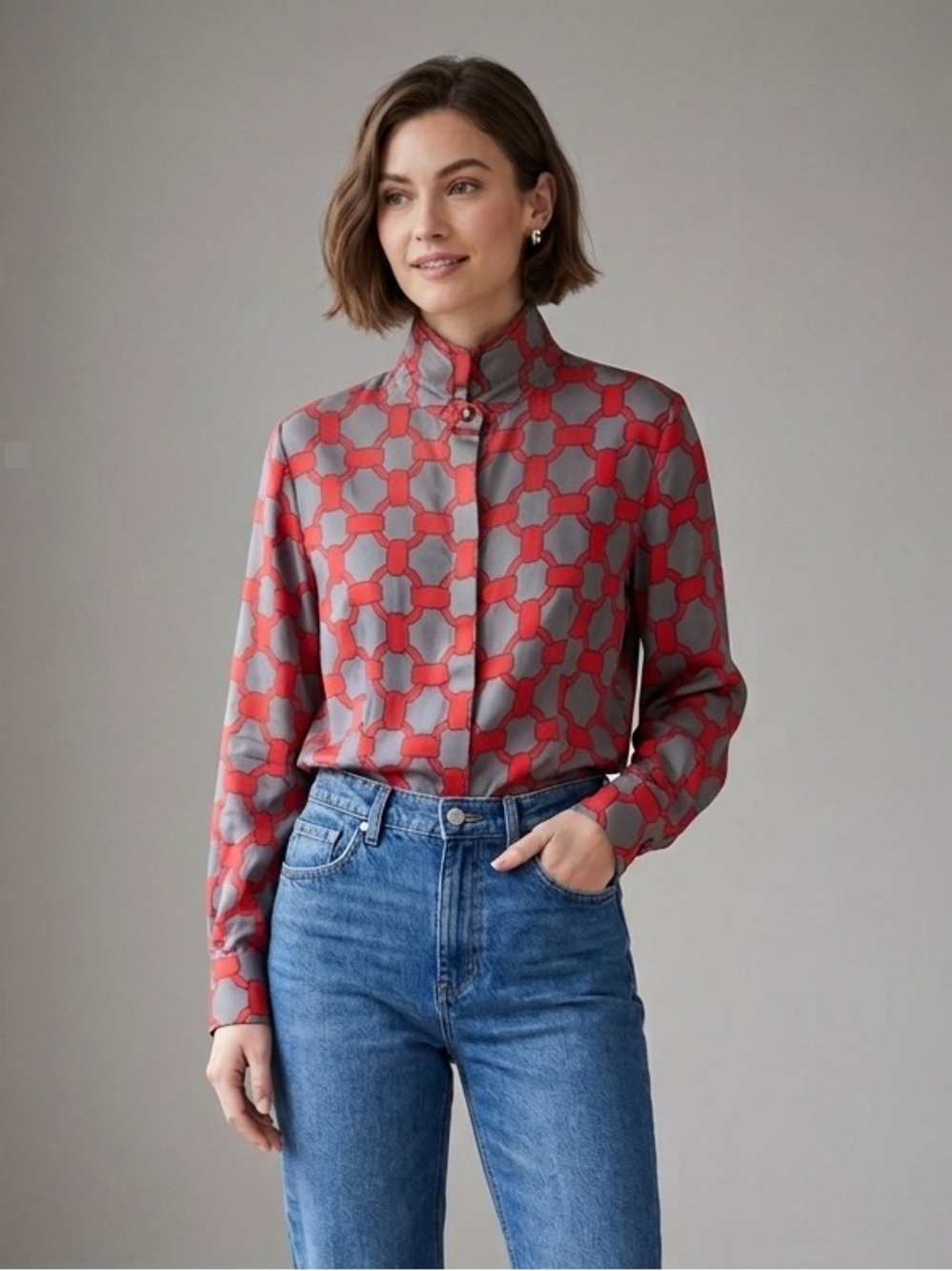 Per Se Silk Red and Gray Patterned Women's Button-Front Blouse